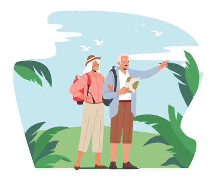 Elderly People Traveling Searching Way in Tropical Country. Aged Persons in Voyage Abroad. Senior Tourists with Mapのイラスト素材