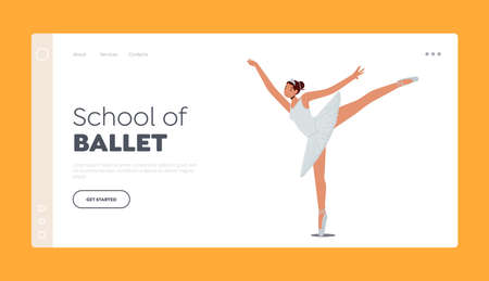 School of Ballet Landing Page Template. Girl Ballerina Dance. Female Character Training in Ballet School. Woman Dancerのイラスト素材