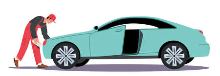 Car Wash Service Worker Character Wearing Uniform Washing and Cleaning Automobile with Sponge, Polishing Car Bodyのイラスト素材