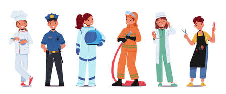 Kid Profession Chef, Policeman, Astronaut, Firefighter, Doctor, Hairdresser Characters. Children Choose Occupationのイラスト素材