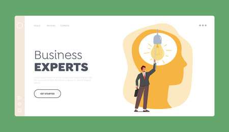 Business Expert Landing Page Template. Businessman Switching On Light Bulb inside of Huge Head. Creative Idea, Insightのイラスト素材