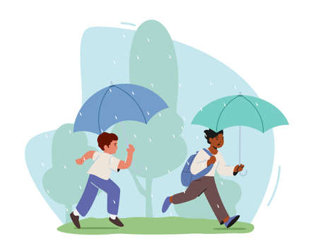 Happy Kids Run under Umbrella, Caucasian and African Boys Characters with Backpacks Walking at Rainy Weatherのイラスト素材