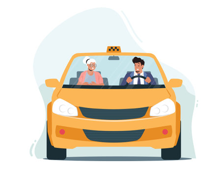 Old Lady or Granny Using Automobile Service. Taxi Driver and Elderly Woman Characters Sitting in...