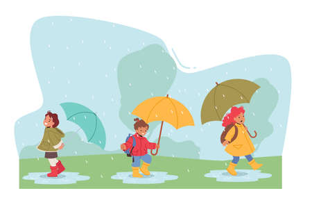 Happy Kids Run under Umbrella, Baby Boys and Girls Characters Walking at Rainy Weather, Jump and Run by Puddles in Parkのイラスト素材