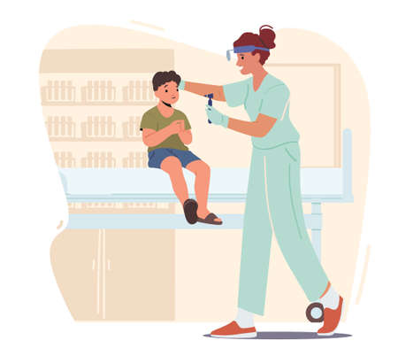 Child at Doctor Appointment in Hospital. Ent Examining Ears of Kid. Otolaryngologist Character Checking Boy Patientのイラスト素材