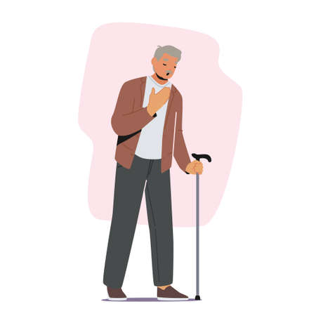 Tired Elderly Man With Walking Cane Yawning, Sad or Forworn Grandfather Health Problems, Loneliness, Sleep Deprivationのイラスト素材