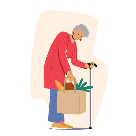 Tired Elderly Woman Carry Food Or Grocery In Bag. Granny Stand Leaning On Walking Cane. Grandmother Need Helpのイラスト素材