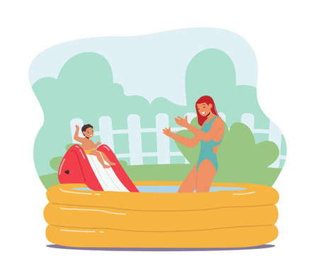 Happy Family Characters Mother and Little Son Playing in Swimming Pool. Summertime Water Games, Mom with Boy Activityのイラスト素材