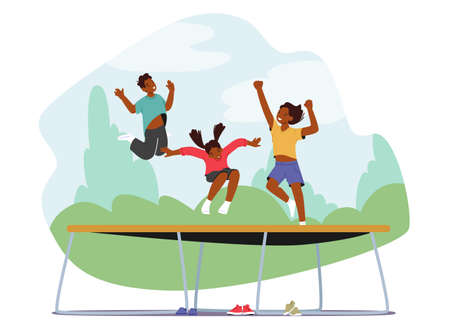 Little Kids Jumping and Hopping On Trampoline at Sunny Summer Day. Friends Celebrate Party, Having Fun On Weekendのイラスト素材