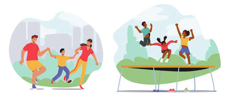Set Happy Family Activities, Mother, Father And Child Run Holding Hands, Walking, Kids Jumping On Trampolineのイラスト素材
