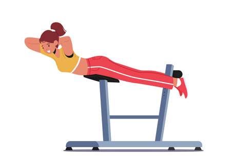 Young Woman Swinging Press on Decline Bench in Gym. Sportswoman Work on Training Apparatus. Female Character Fitnessのイラスト素材