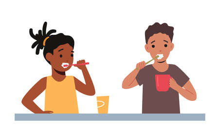 Children Morning Routine, Oral and Health Care. Kids Brushing Teeth, African Girl and Caucasian Boy with Toothbrushのイラスト素材