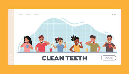 Children Dental Care Landing Page Template. Happy Kid Characters Brush Teeth Stand in Row. Kids with Toothbrush or Pasteのイラスト素材