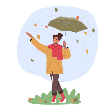 Cheerful Young Woman Walk, City Dweller Holding Umbrella Stand under Rain and Falling Leaves at Autumn Rainy Seasonのイラスト素材