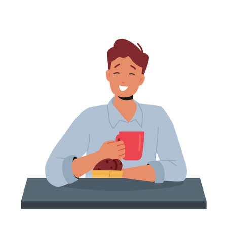 Male Character Enjoying Chocolate Cookies and Coffee in Cafe. Greedy Sweets Tooth Eater Taste Dessert At Cafeteriaのイラスト素材