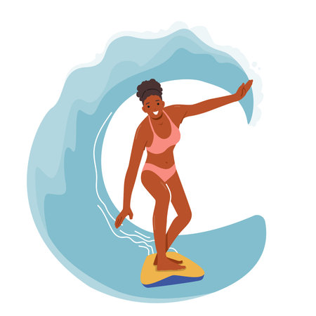 Young Woman Surfer Character in Bikini Stand on Surfboard with Hands Outspread Trying to Catch Balance on Big Sea Waveのイラスト素材