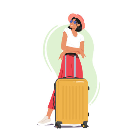 Woman Character Stands Beside Luggage, Ready For Travel Or Commute. Concept Of Adventure, Journey, Or Relocationのイラスト素材