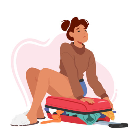 Woman Character Packing Clothes Into Luggage, Pushing Them Down With Her Hands And Sitting on the Top, Illustrationのイラスト素材