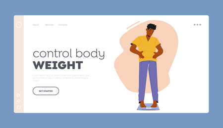 Control Body Weight Landing Page Template. Male Character Stand On Scales Unhappy With Weight Gain And Big Bellyのイラスト素材