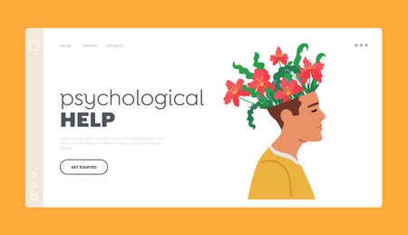 Psychological Help Landing Page Template. Mental Health, Positive Thinking, Brain Treatment and Mind Balance Conceptのイラスト素材