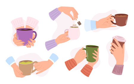 Set of Hands Holding Mugs Of Different Sizes, Shapes, And Colors. Isolated Icons for Promoting Cozy Coffee Shopsのイラスト素材