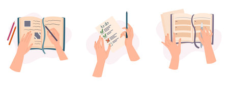 Top View Image Of Hands Holding Pen And Making Notes or To-do List On Paper Notebook or Diary, Illustration, Iconsのイラスト素材
