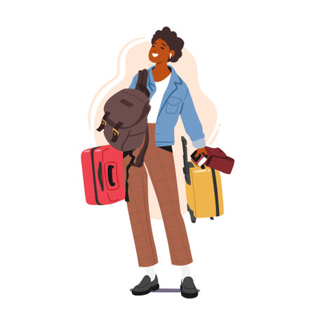 Woman With Luggage Ready For Travel. Cheerful Female Character with Different Bags and Baggage Hanging on her Bodyのイラスト素材