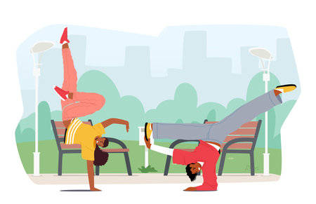 Energetic Street Dancer Characters Caught In Motion, Displaying Impressive Body Control, Rhythm, And Styleのイラスト素材