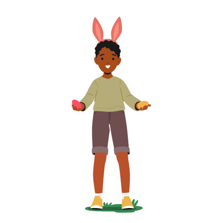 Child in Rabbit Ears Holds Colorful Easter Eggs In Hands. Concept of Spirit Of Easter For Promoting Easter Productsのイラスト素材