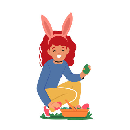 Girl With Rabbit Ears Happily Picking Colorful Easter Eggs From The Grass. Joyful Image Evokes Feelings Of Springのイラスト素材