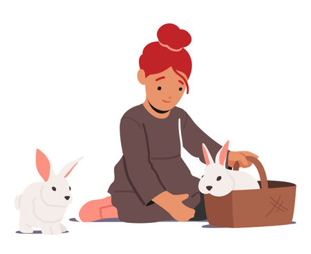 Little Girl Character With Fluffy Rabbits In Basket Isolated On White Background. Child Care Of Animal, Celebrate Easterのイラスト素材