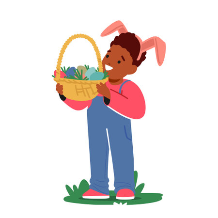 Little Boy Wearing Rabbit Ears Holding Basket Full Of Colorful Easter Eggs. Joy And Innocence Of Childhood Conceptのイラスト素材