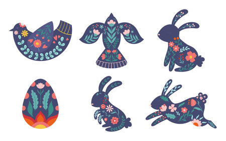 Collection Of Easter Icons Featuring Traditional Folk-style Designs. Set Includes Various Elements Such As Bunnies, Eggのイラスト素材