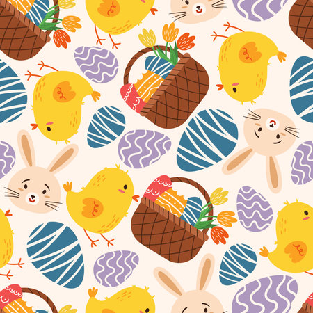 Cute Seamless Pattern Featuring Easter Motifs Such As Bunnies, Eggs, And Chicks In Bright Colors. Easter Designのイラスト素材