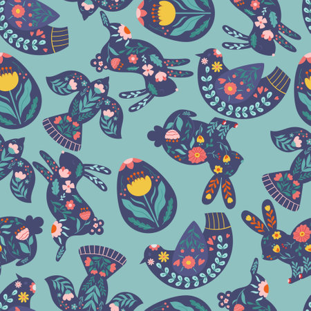 Cute Folk Styled Seamless Pattern Featuring Easter Motifs Such As Bunnies, Eggs, And Chicks In Muted Colorsのイラスト素材