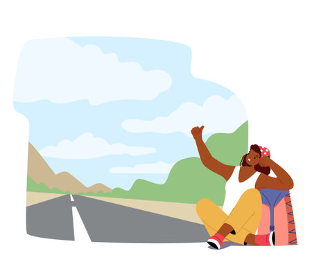 Traveler Woman With Backpack Sitting On The Side Of The Road With Thumb Out, Hoping To Catch A Ride To Next Destinationのイラスト素材
