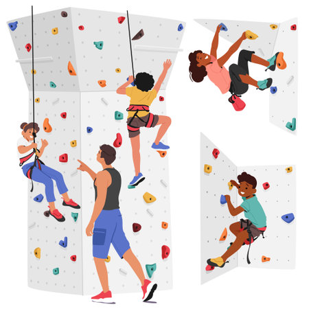 Set of Children Characters Scale A Climbing Wall With Help Of Their Trainer. Concept of Thrill Of Outdoor Adventureのイラスト素材