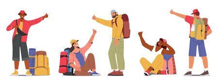 Backpackers Male and Female Characters With Outstretched Thumbs Standing and Sitting Waiting For Ride Isolated on Whiteのイラスト素材