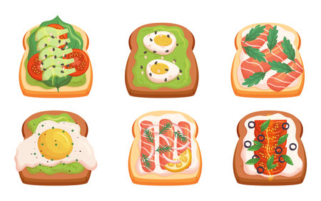 Sandwiches Set With Variety Of Fillings as Avocado, Eggs, Salmon, Tomatoes, And Greens. Delicious And Diverse Selectionのイラスト素材