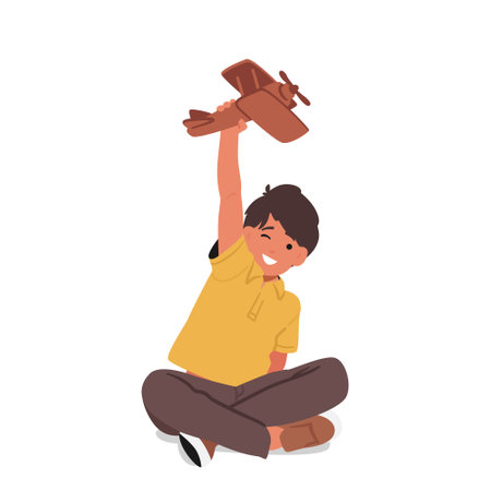 Little Boy Playing With An Airplane Toy, His Eyes Reflecting The Thrill Of Adventure. Concept Of Childhoodのイラスト素材
