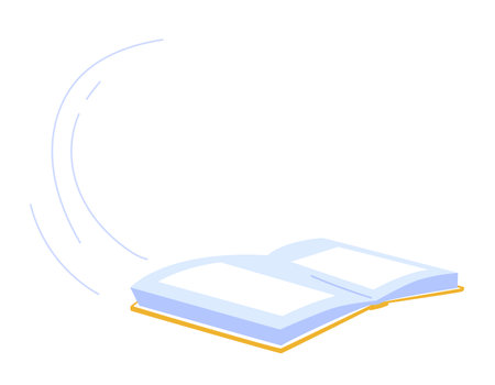 Book Taking a Flight, Suspended In The Air With Pages And Cover Spread Open. Power Of Imagination, Literature, Educationのイラスト素材