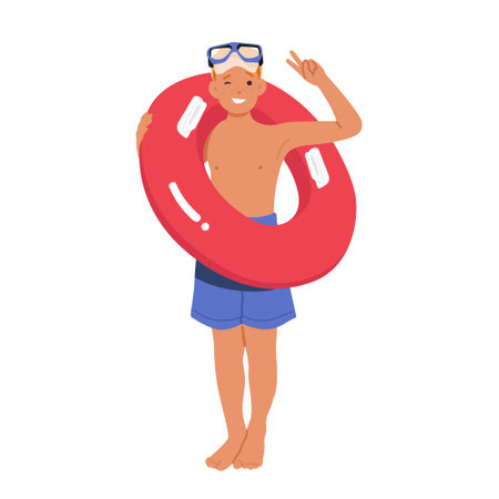 Child Holds Inflatable Ring ready for Playing In Swimming Pool Or At The Beach. The Image Depicts Carefree Summer Momentのイラスト素材