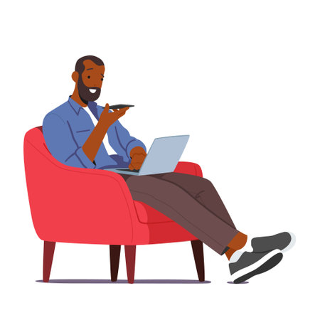 Man Character Using Chat Bot Service On His Smartphone And Laptop While Sitting On An Armchair. Artificial Intelligenceのイラスト素材