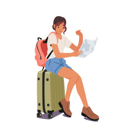 Young Woman Sitting On Suitcase Holding A Map With A Pensive Expression Planning Her Next Adventure Vector Illustrationのイラスト素材