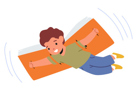 Kid Flying On A Huge Book Wings, Soaring High Above The Clouds With A Look Of Wonder On Face. Imaginationのイラスト素材