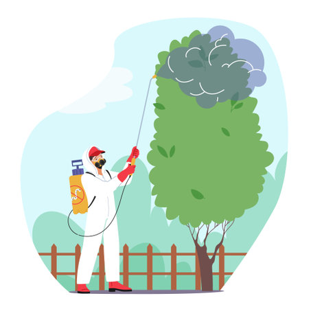 Pest Control Service Uses Spraying Techniques To Eliminate Pests And Rodents In A Garden. Character Uses Remediesのイラスト素材