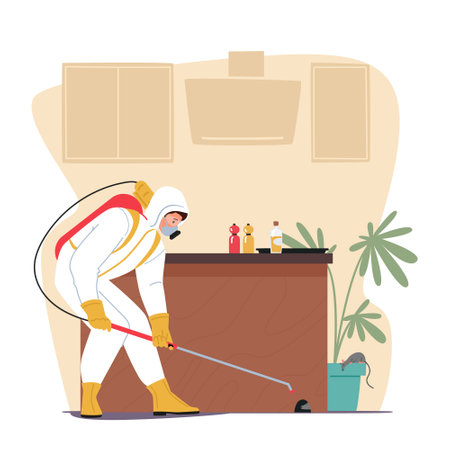 Pest Control Service Works To Eradicate Pests Such As Ants, Cockroaches, And Rodents From A Kitchen Vector Illustrationのイラスト素材