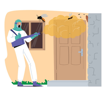 Pest Control Service Effectively Tackles Wasp Infestation At Cottage. Professional Worker Utilizing Effective Methodsのイラスト素材