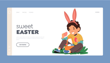 Sweet Easter Landing Page Template. Little Boy Donning Rabbit Ears Picks Brightly Colored Easter Eggs From The Grassのイラスト素材