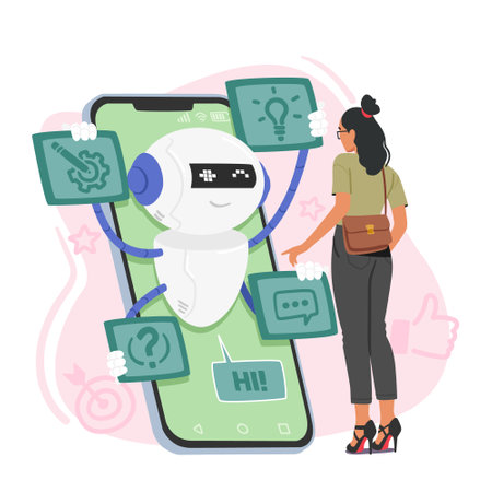 Woman Character Utilizing Chatbot Service On Her Phone Interacts With The Chat Bot To Resolve Querie Vector Illustrationのイラスト素材